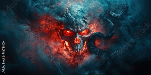 Close-up of a red skull with glowing eyes and a black snake in thick fog