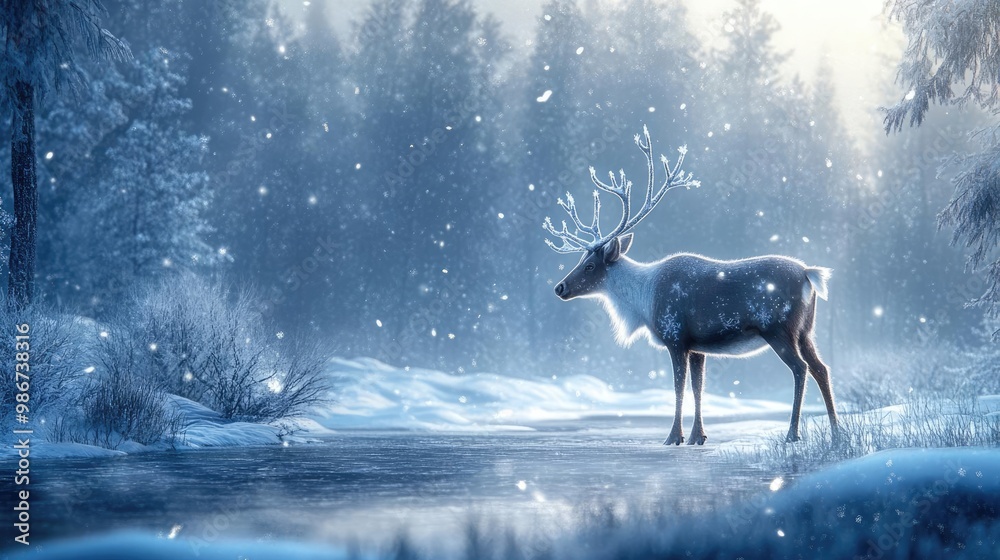 A majestic reindeer stands in a serene snowy forest, illuminated by soft light, creating a tranquil winter scene. A majestic reindeer stands in a serene snowy forest, illuminated by soft light, creating a tranquil winter scene.