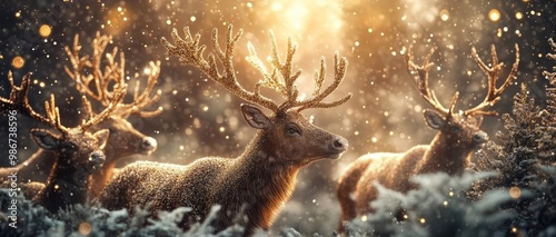 A serene winter scene featuring majestic deer with impressive antlers amidst softly falling snow and glowing light. photo