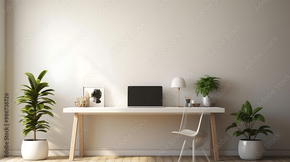 A modern workspace featuring a desk, laptop, plants, and minimal decor. A modern workspace featuring a desk, laptop, plants, and minimal decor.