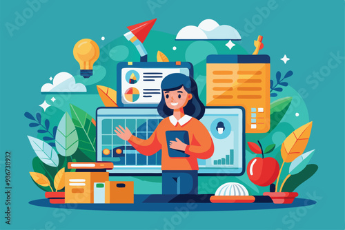 A person is demonstrating data insights while surrounded by colorful plants and creative tools, Customizable flat illustration demo