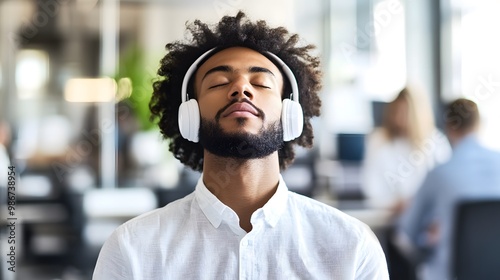 Man wearing noise-canceling headphones, focused and relaxed in a busy office environment, symbolizing the concept of noise cancellation and productivity enhancement