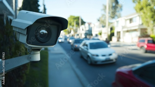 Surveillance camera view of a residential street, timestamp visible and motion blur from passing cars.