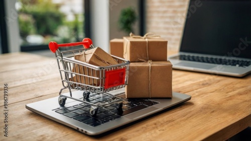 Online shopping / ecommerce and delivery service concept : Paper cartons with a shopping cart or trolley logo, user uses a laptop, depicts customers order things from retailer sites via the internet photo