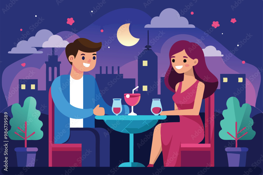 A couple shares drinks and smiles at a cozy outdoor caffe, illuminated by the night sky and city lights, Customizable flat illustration for a night date. A couple shares drinks and smiles at a cozy outdoor caffe, illuminated by the night sky and city lights, Customizable flat illustration for a night date.