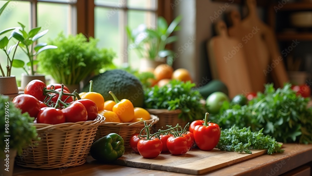 Bright Kitchen with Fresh Organic Vegetables for Healthy Meal Prep.