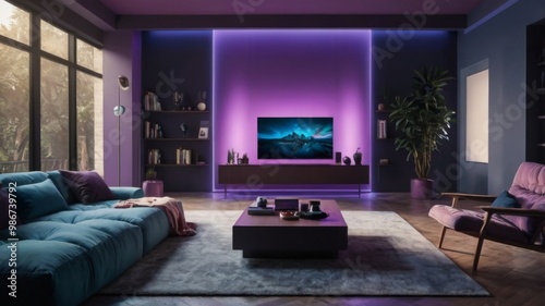realistic Design a living room. YouTube studio background. YouTube thumbnail background with a it RGB purppurple light setup, new gadgets, youtube silver button and soft and hard light one sile blue