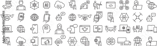ベクターでモノクロのDXの線画アイコンセット