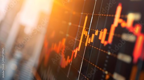 Close-up of downward-trending line graph on digital screen, symbolizing drop in earnings, financial decline visualized with charts and numbers