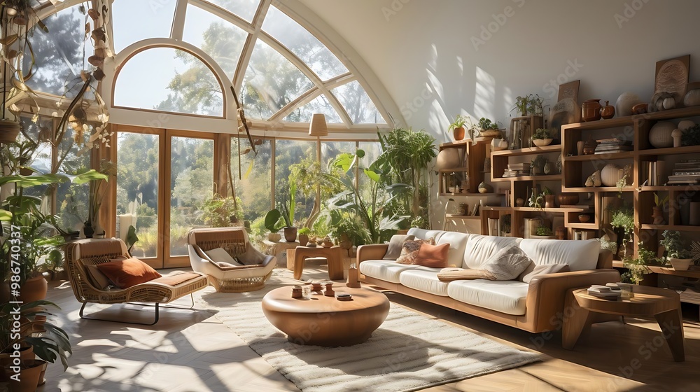 A cozy, plant-filled living room with natural light and wooden furniture. A cozy, plant-filled living room with natural light and wooden furniture.
