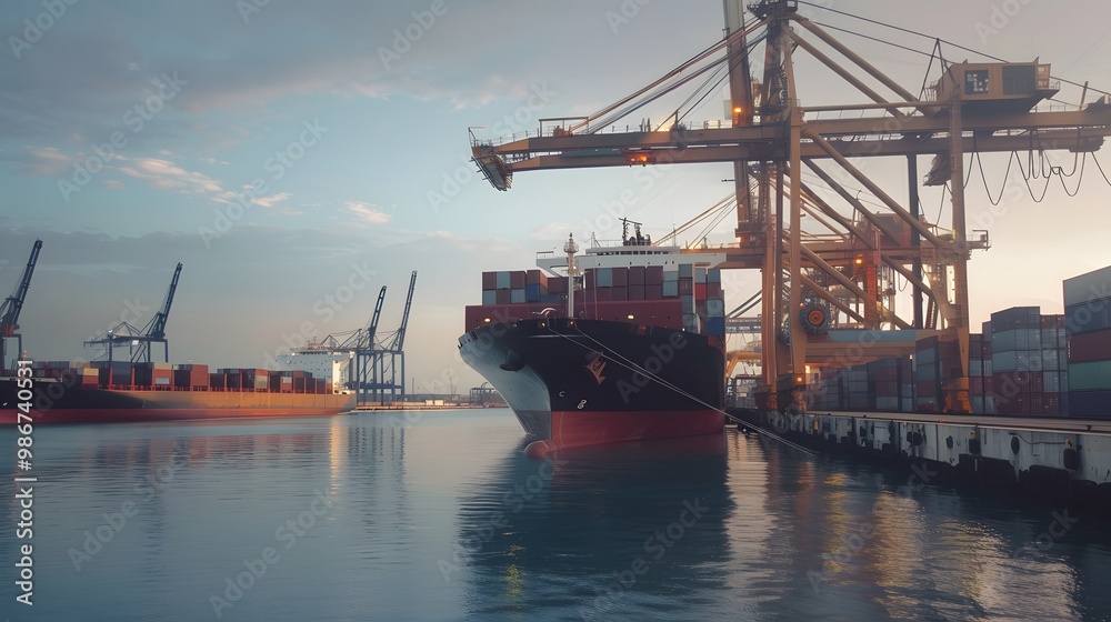 Fototapeta premium Large cargo ship docked at empty port with stacked containers and idle cranes, symbolizing port strike and industrial tension