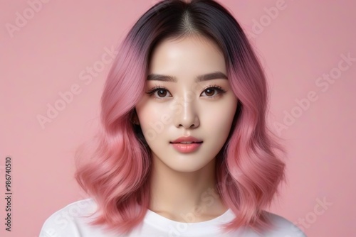 Elegant Woman with Pink Hair: Fashion and Makeup Studio Shot