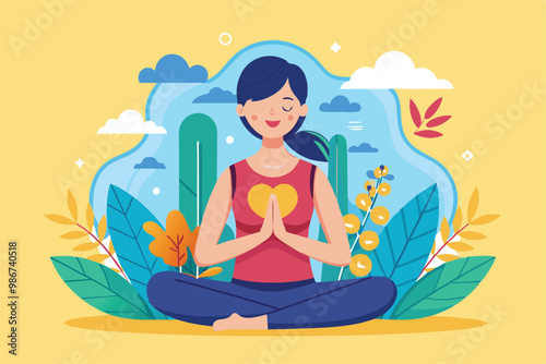 A person sits cross-legged, practicing breathing exercises surrounded by vibrant plants and sky, Customizable flat illustration for breathing exercise.