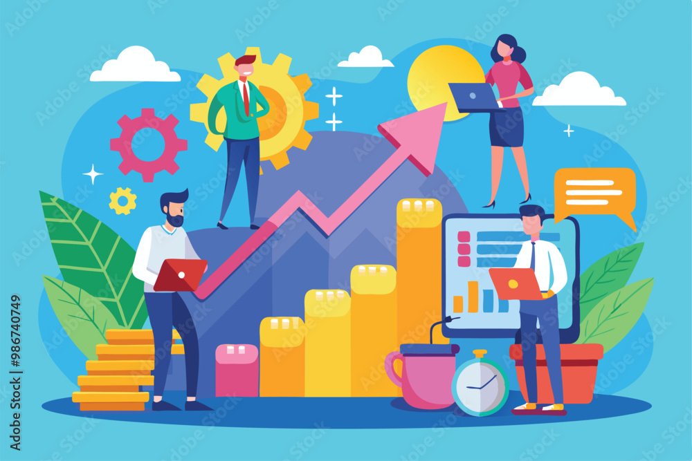 Teams collaborate using laptops to analyze data and implement business growth strategies in a vibrant landscape, Customizable flat illustration for business growth. Teams collaborate using laptops to analyze data and implement business growth strategies in a vibrant landscape, Customizable flat illustration for business growth.