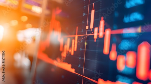 Close-up of digital screen showing downward-trending line graph symbolizing Fed rate cut, surrounded by financial charts and news headlines, key financial indicator visualization