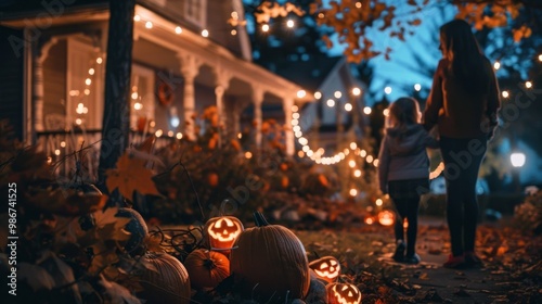 Mother and daughter holding hands while walking past illuminated pumpkins on a festive Halloween evening. Halloween, spooky, haunted concept.