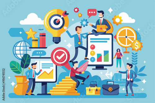 A group engages in teamwork and brainstorming while analyzing data and developing strategies in an office, Customizable flat illustration for competitive intelligence.