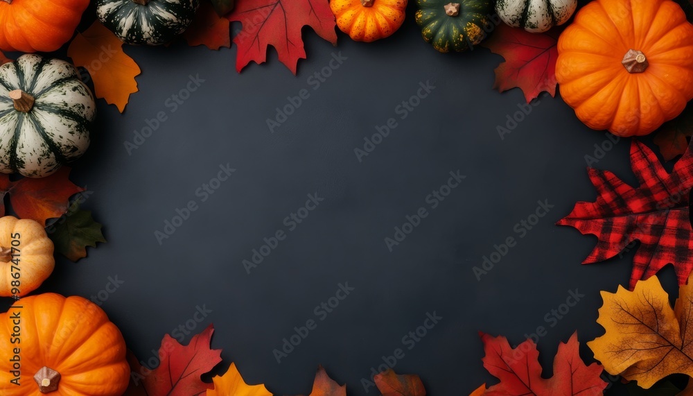 Autumn pumpkins and colorful leaves on dark background, festive seasonal decoration. Autumn pumpkins and colorful leaves on dark background, festive seasonal decoration.