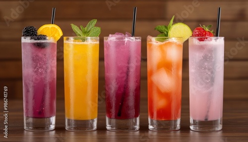 Colorful cocktails served in tall glasses with fresh garnishes.