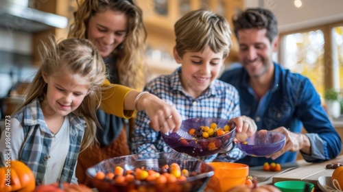 A family of four preparing Halloween treats in the kitchen. White Caucasian parents and children mixing candies in festive bowls. Halloween, spooky, haunted concept.