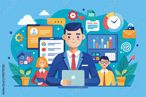 Three consultants are engaged in activities while utilizing digital tools in a vibrant office setting, Customizable flat illustration for consulting.