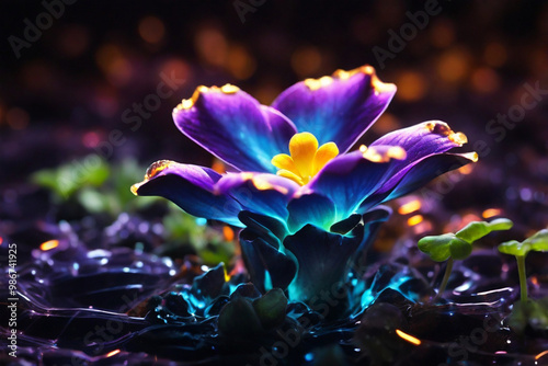 neon waves forming the shape of a sweet Bacopa flower, rising from the ashes in a burst of light, multicolor