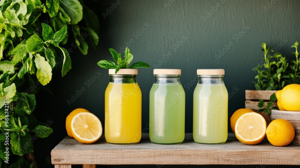 Three colorful jars of fresh juice on a wooden table with lemons and mint leaves. Three colorful jars of fresh juice on a wooden table with lemons and mint leaves.
