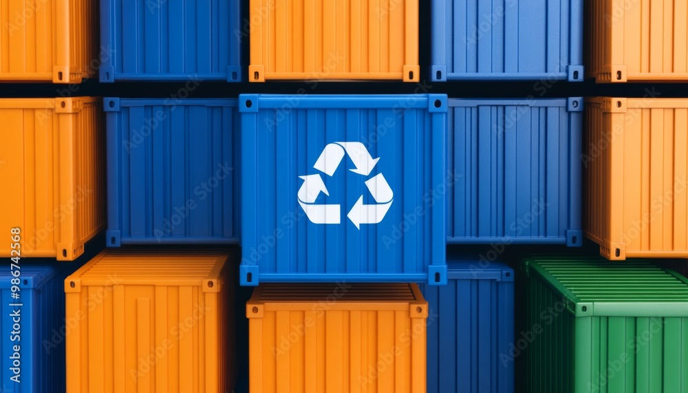 Fototapeta premium Colorful shipping containers with recycling symbol, suitable for sustainability themes.