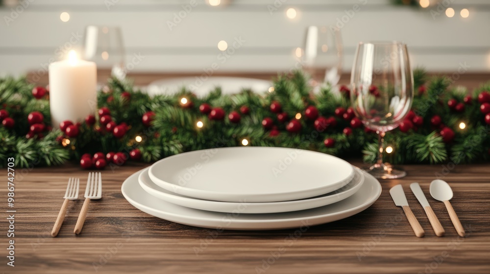 Elegant holiday table setting with plates, cutlery, and decor, white background. Elegant holiday table setting with plates, cutlery, and decor, white background.