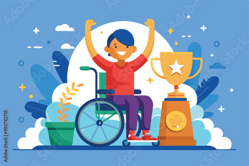 A joyful individual in a wheelchair celebrates winning with a trophy surrounded by plants and colorful design, Customizable flat illustration for disabled winner.