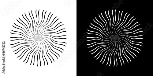 Abstract background with lines pattern in circles. Spiral art design as logo or icon. A black figure on a white background and the same white figure on the black side. Mandala with line pattern.