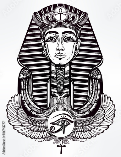 Vintage tattoo vector pharaoh with winged Ankh. photo