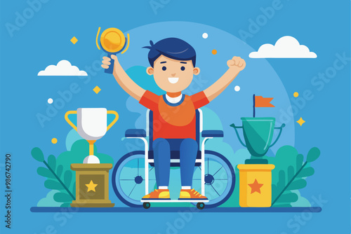 A cheerful child in a wheelchair raises a trophy in triumph next to two gleaming awards under a sunny sky, Customizable flat illustration for disabled winner.