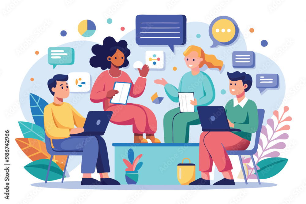 A group of four people engaged in a lively discussion using laptops and notepads in a bright workspace, Customizable flat illustration for discussion. A group of four people engaged in a lively discussion using laptops and notepads in a bright workspace, Customizable flat illustration for discussion.