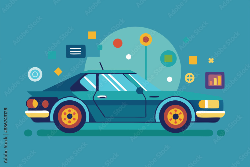 Fototapeta premium A vibrant flat design showcases a classic car surrounded by geometric shapes and data visuals, Customizable flat illustration for driving.