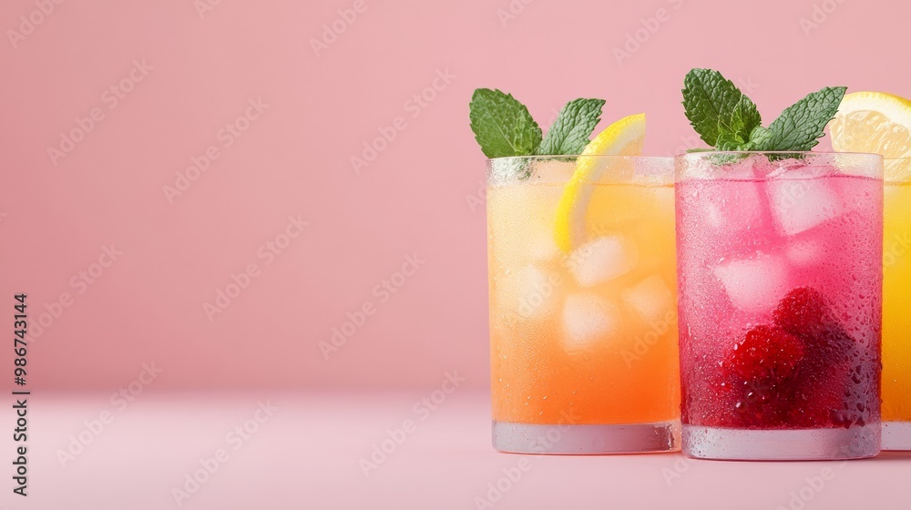 Refreshing colorful cocktails with mint, lemon, and raspberries on a pink background. Refreshing colorful cocktails with mint, lemon, and raspberries on a pink background.