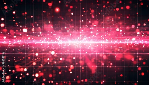 Vibrant Abstract Digital Landscape Featuring Glowing Pink and Red Lights Amidst a Dynamic Grid Pattern