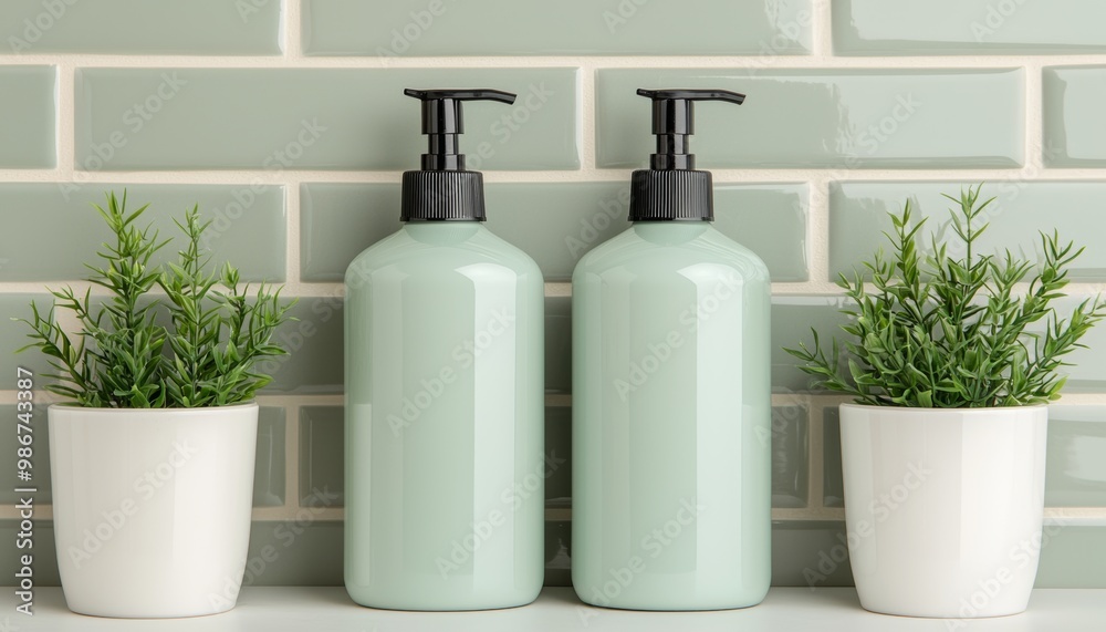 Two green bottles with pumps beside small plants on a tiled background. Two green bottles with pumps beside small plants on a tiled background.