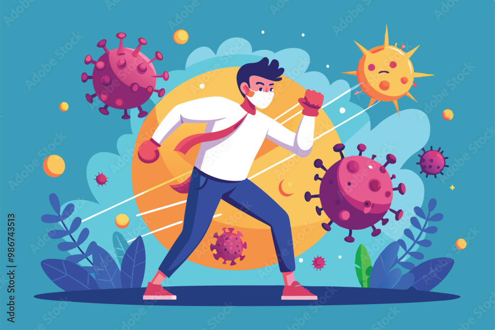 Naklejka premium A determined person in a mask throws a punch at cartoon viruses, promoting the fight against COVID-19, Customizable Flat Illustration for fighting coronavirus.