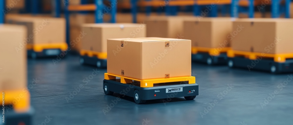 Automated pallet truck transporting boxes in a warehouse setting. Automated pallet truck transporting boxes in a warehouse setting.