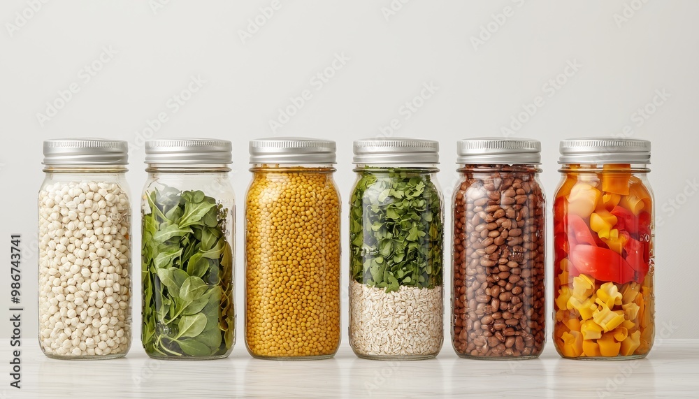Colorful jars filled with grains, herbs, and dried fruits on a clean background. Colorful jars filled with grains, herbs, and dried fruits on a clean background.