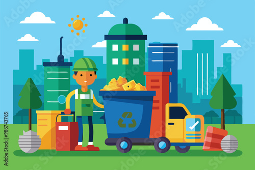 A worker collects waste in a recycling bin, surrounded by buildings and trees in a sunny urban park, Customizable flat illustration for garbage management.