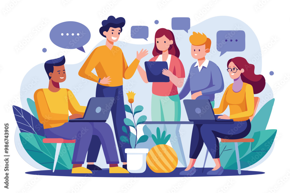 A group of diverse individuals engages in an animated discussion while using laptops and tablets, Customizable flat illustration for group discussions. A group of diverse individuals engages in an animated discussion while using laptops and tablets, Customizable flat illustration for group discussions.