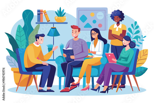 A group of individuals collaborates during therapy, sharing thoughts and supporting each other in a warm space, Customizable flat illustration for group therapy.