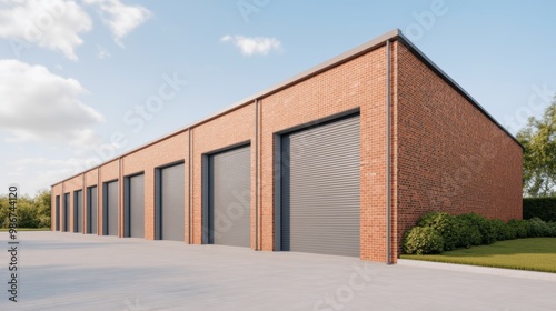 Modern brick storage facility with multiple garage doors and clear blue sky.