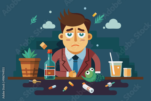 A weary individual in a suit sits at a table surrounded by empty bottles, medication, and a frog, Customizable flat illustration for hangover