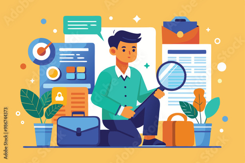 A man inspects graphs and reports using a magnifying glass while surrounded by office supplies and plants, Customizable flat illustration for hire.