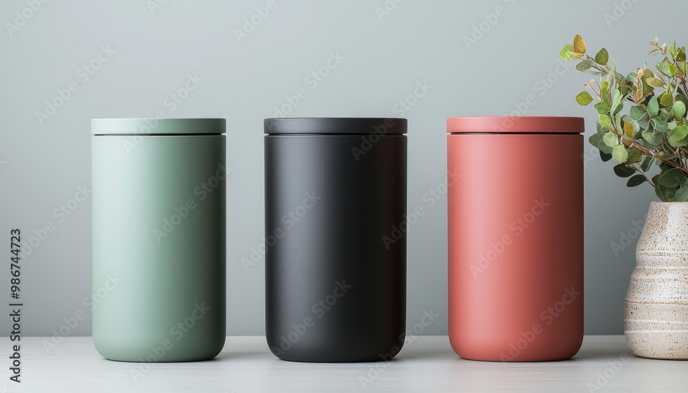 Three stylish containers in muted colors on a clean surface. Three stylish containers in muted colors on a clean surface.