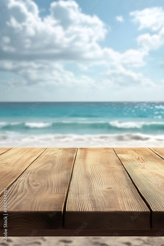 Fototapeta premium Empty wooden tabletop against a blurred beach backdrop with empty space for product placement