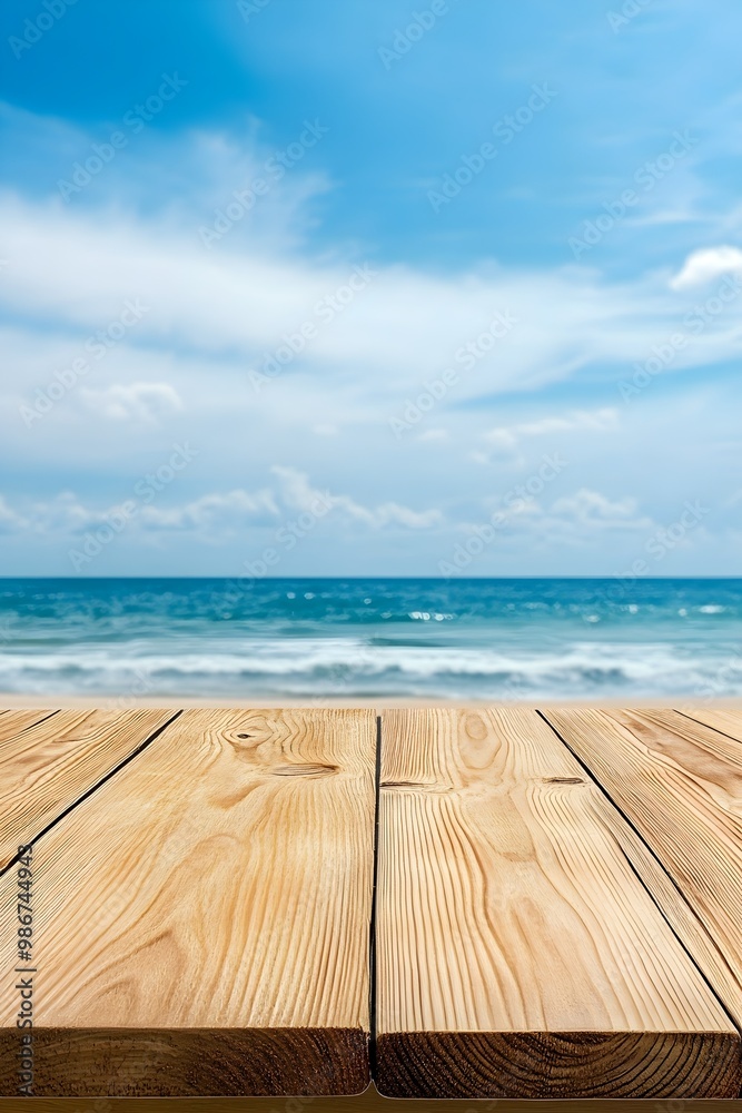 Fototapeta premium Empty wooden table top on a blurred background of ocean waves under a blue sky with clouds